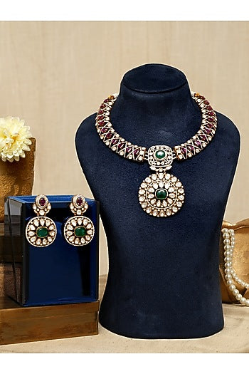 Gold Finish Kundan Polki & Ruby Stone Necklace Set