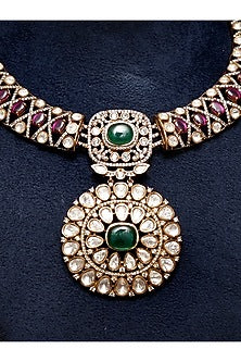 Gold Finish Kundan Polki & Ruby Stone Necklace Set