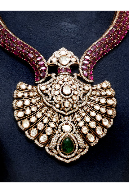 Gold Finish Kundan Polki & Ruby Stone Necklace Set
