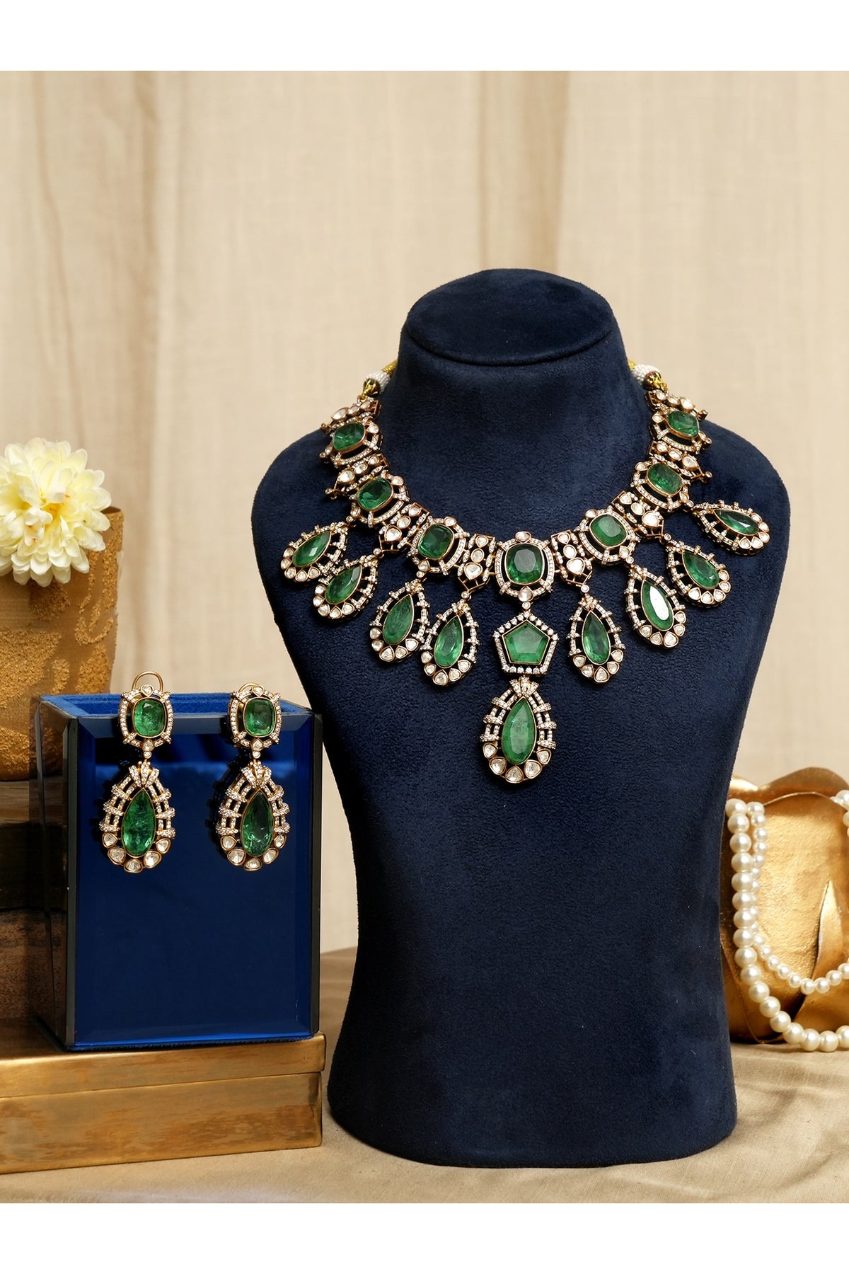 Gold Finish Kundan Polki & Emerald Stone Necklace Set