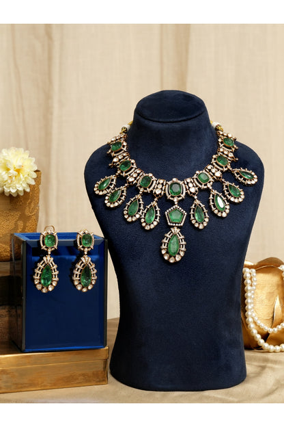 Gold Finish Kundan Polki & Emerald Stone Necklace Set