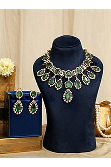 Gold Finish Kundan Polki & Emerald Stone Necklace Set
