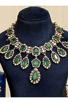 Gold Finish Kundan Polki & Emerald Stone Necklace Set