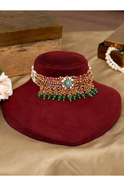 Gold Finish Mint Kundan Stone Choker Necklace Set