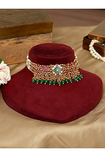 Gold Finish Mint Kundan Stone Choker Necklace Set