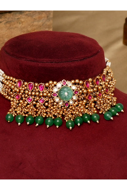 Gold Finish Mint Kundan Stone Choker Necklace Set