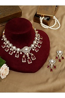 Gold Finish Kundan Polki & Ruby Stone Choker Necklace Set