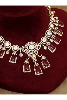 Gold Finish Kundan Polki & Ruby Stone Choker Necklace Set