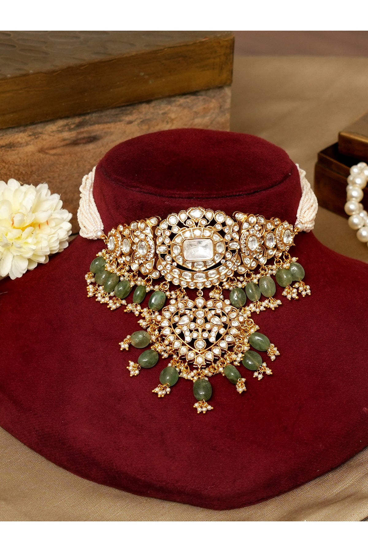 Gold Finish Kundan Polki Stone & Pearl Choker Necklace Set