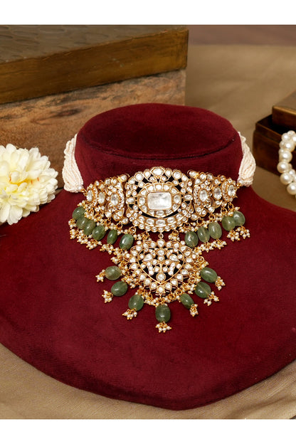 Gold Finish Kundan Polki Stone & Pearl Choker Necklace Set