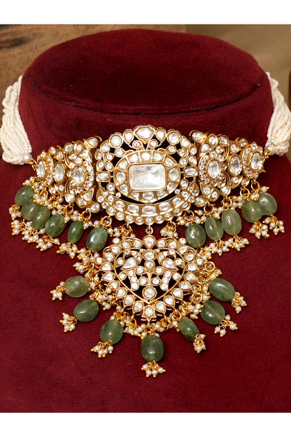 Gold Finish Kundan Polki Stone & Pearl Choker Necklace Set