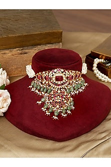 Gold Finish Kundan Polki & Ruby Stone Choker Necklace Set