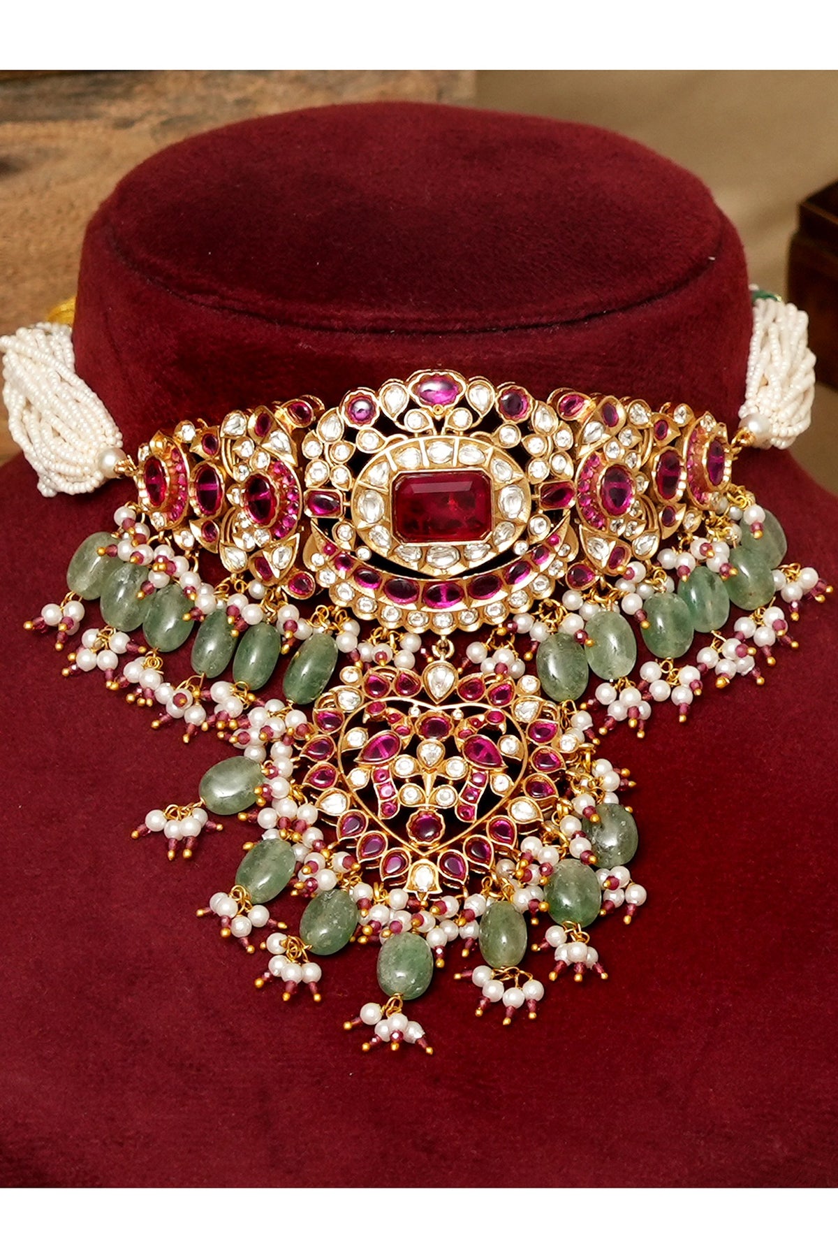 Gold Finish Kundan Polki & Ruby Stone Choker Necklace Set