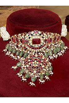 Gold Finish Kundan Polki & Ruby Stone Choker Necklace Set