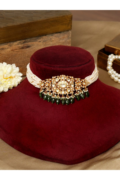 Gold Finish Kundan Polki & Pearl Choker Necklace Set