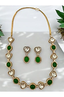 Gold Finish Kundan Polki & Emerald Green Stone Necklace Set