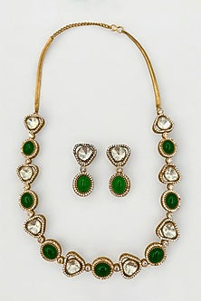 Gold Finish Kundan Polki & Emerald Green Stone Necklace Set
