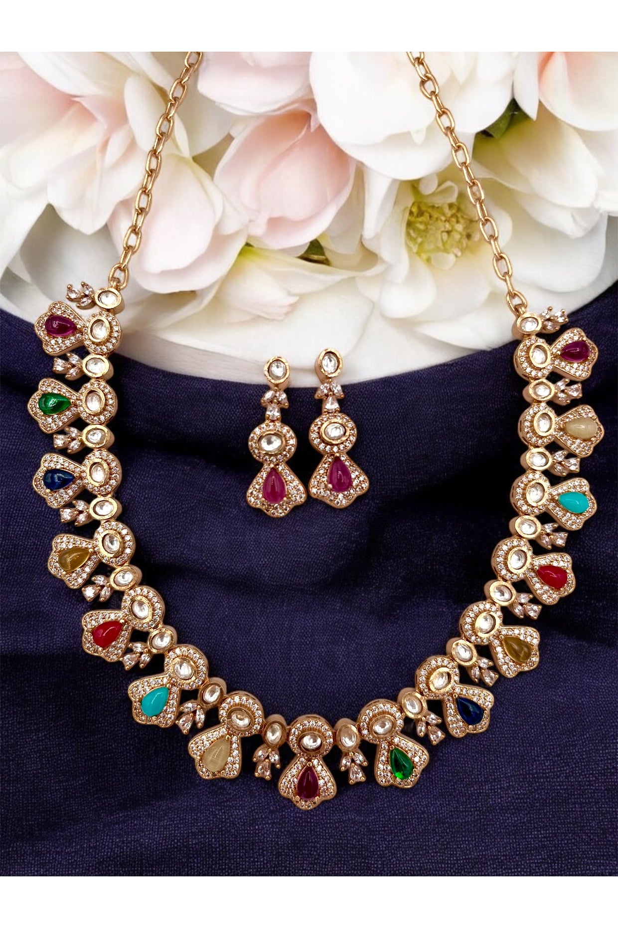 Gold Finish Kundan Polki & Navratna Gemstone Floral Necklace Set
