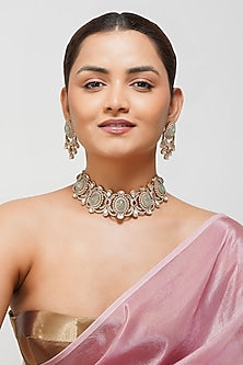 Gold Finish Multi-Colored Kundan Polki & American Diamond Choker Necklace Set