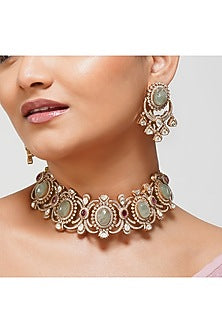 Gold Finish Multi-Colored Kundan Polki & American Diamond Choker Necklace Set