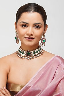 Gold Finish Ruby Red & Mint Green Kundan Stone Choker Necklace Set