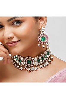 Gold Finish Ruby Red & Mint Green Kundan Stone Choker Necklace Set