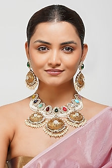 Gold Finish Navratan Kundan Polki Layered Necklace Set