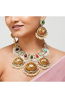 Gold Finish Navratan Kundan Polki Layered Necklace Set