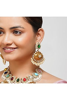 Gold Finish Navratan Kundan Polki Layered Necklace Set
