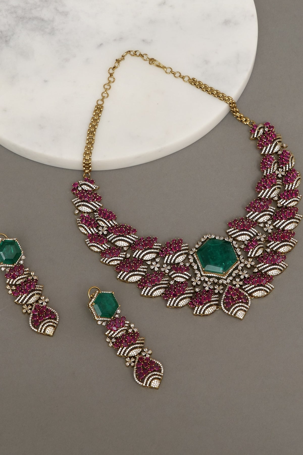 White Finish Ruby & Emerald Stone Necklace Set