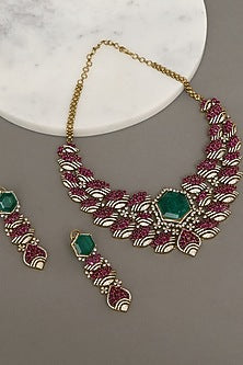 White Finish Ruby & Emerald Stone Necklace Set