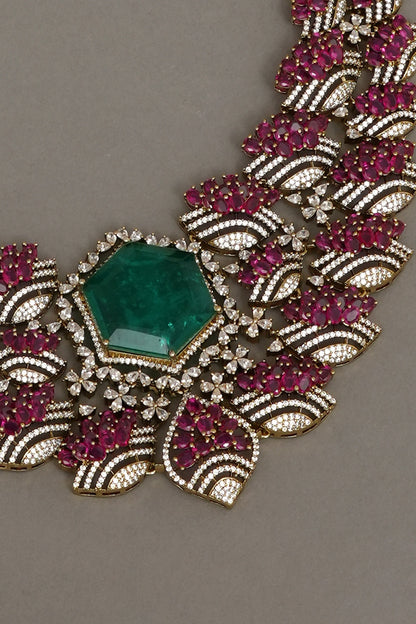White Finish Ruby & Emerald Stone Necklace Set