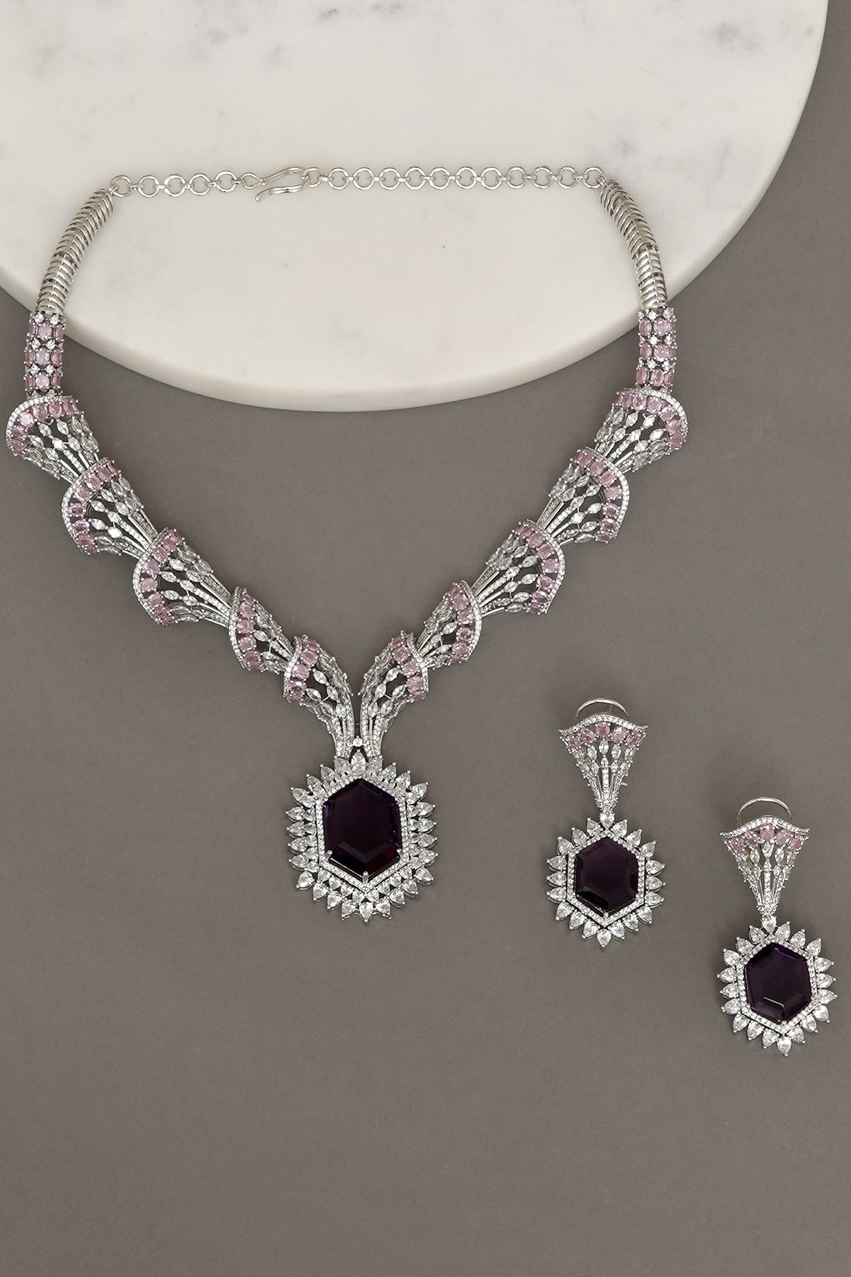 White Finish Zircon & Lavender Stone Necklace Set