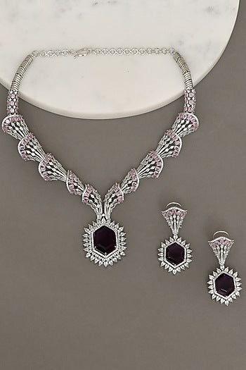 White Finish Zircon & Lavender Stone Necklace Set