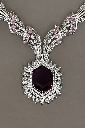White Finish Zircon & Lavender Stone Necklace Set