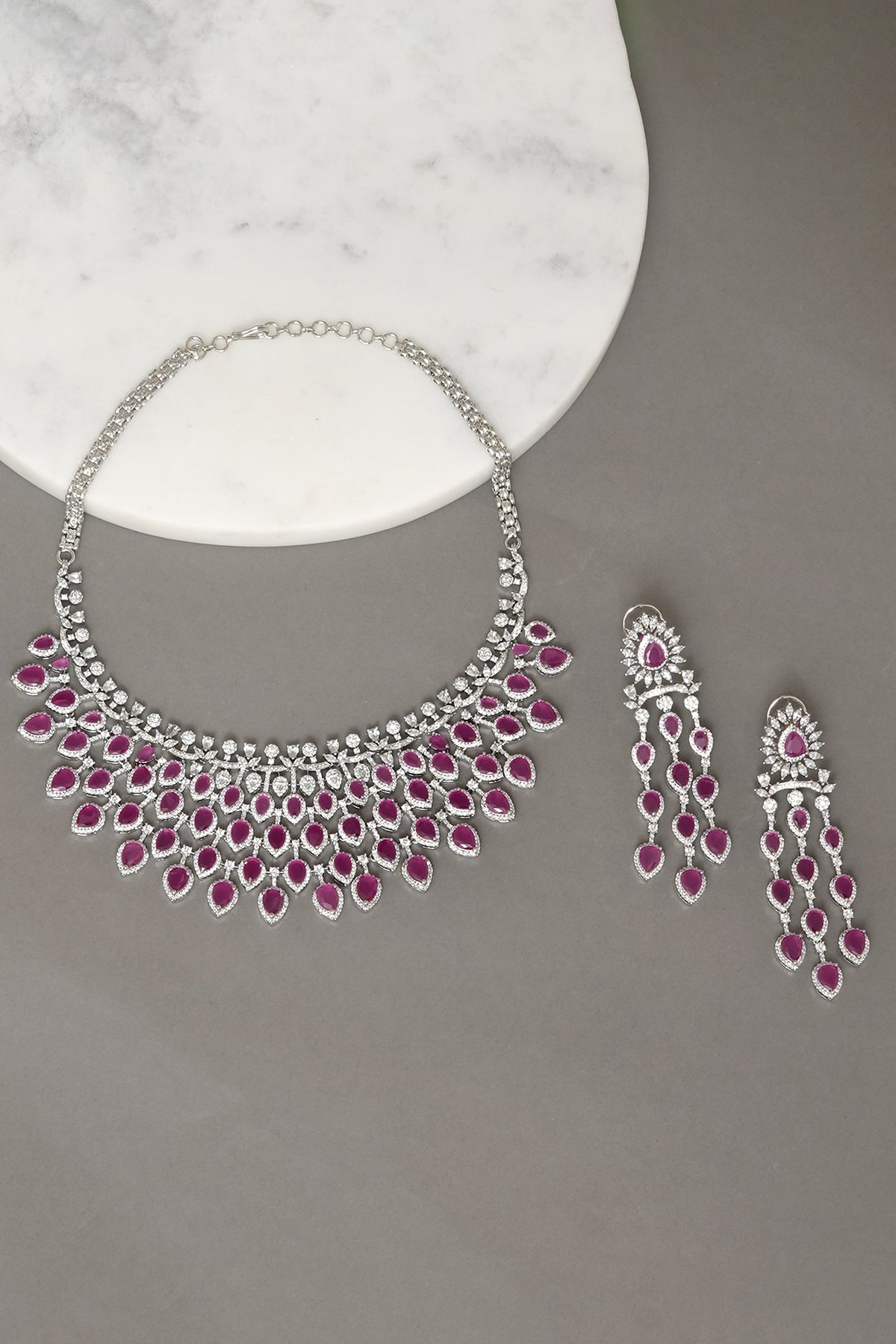 White Finish Zircon & Ruby Stone Necklace Set