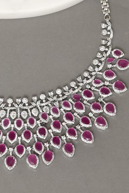 White Finish Zircon & Ruby Stone Necklace Set