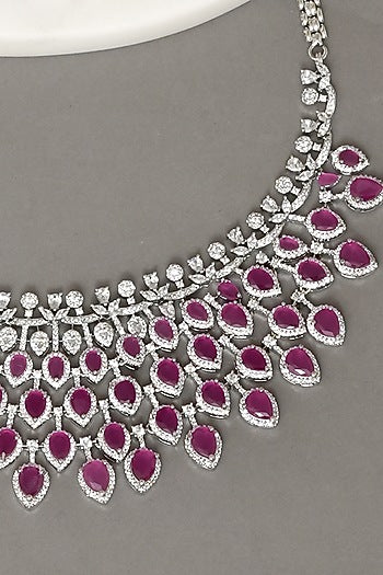 White Finish Zircon & Ruby Stone Necklace Set
