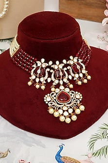 Gold Plated Kundan Polki & Red Stone Necklace Set