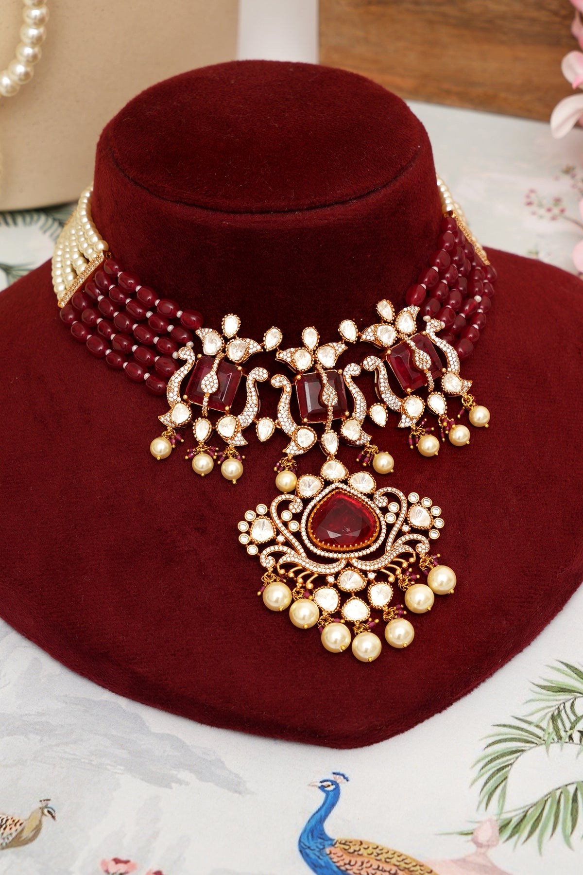 Gold Plated Kundan Polki & Red Stone Necklace Set
