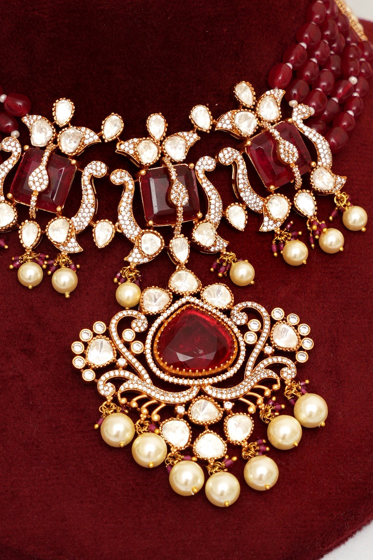 Gold Plated Kundan Polki & Red Stone Necklace Set