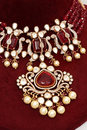 Gold Plated Kundan Polki & Red Stone Necklace Set
