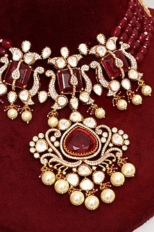 Gold Plated Kundan Polki & Red Stone Necklace Set