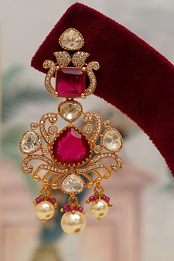 Gold Plated Kundan Polki & Red Stone Necklace Set