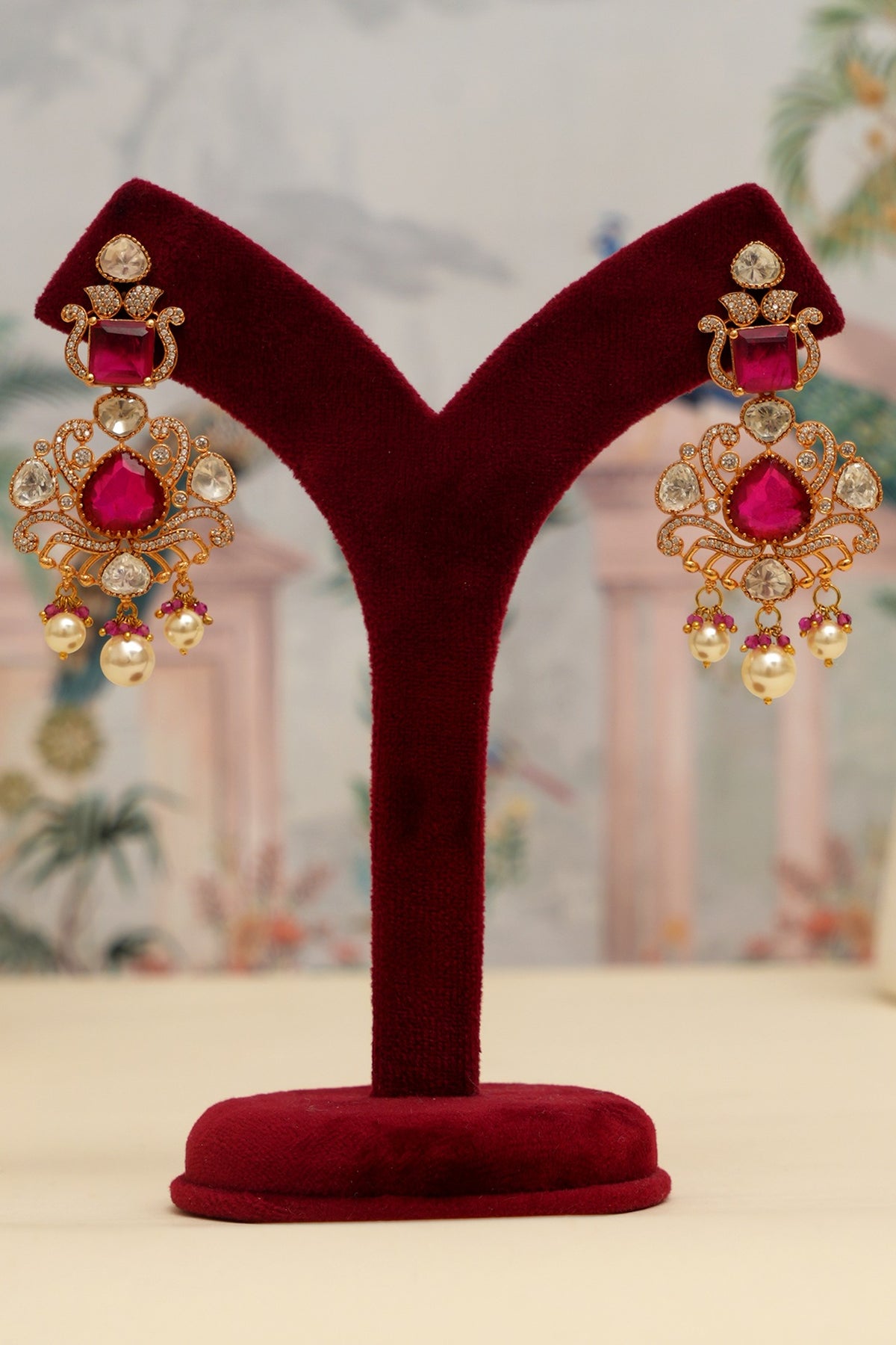 Gold Plated Kundan Polki & Red Stone Necklace Set