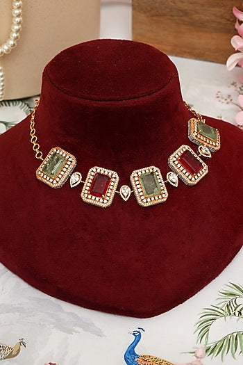 Gold Plated Kundan Polki & Multi-Colored Stone Necklace Set