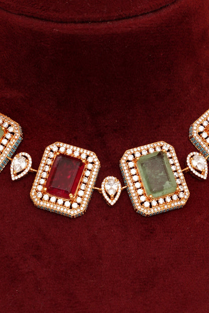 Gold Plated Kundan Polki & Multi-Colored Stone Necklace Set
