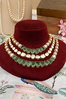 Gold Plated Kundan Polki & Mint Green Stone Layered Necklace Set