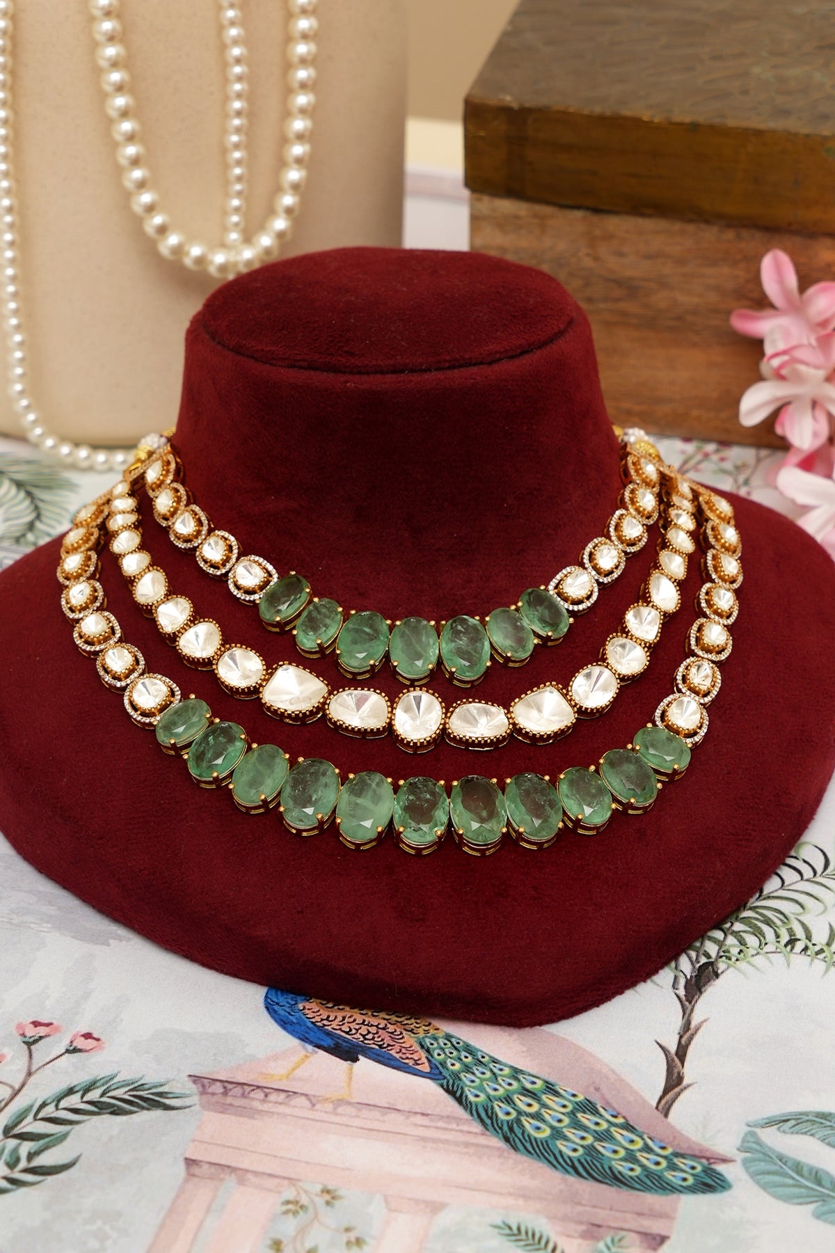 Gold Plated Kundan Polki & Mint Green Stone Layered Necklace Set