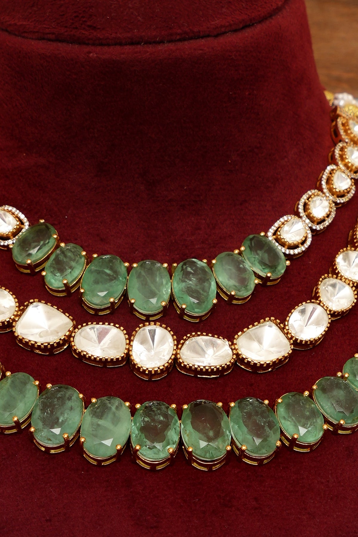 Gold Plated Kundan Polki & Mint Green Stone Layered Necklace Set